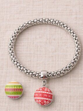 Christmas Snap Bracelet Silver Stretch Bead Interchangeable Charm Nordic Pattern